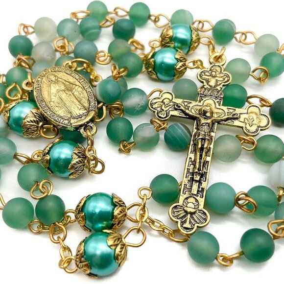 Catholic Rosary Necklace Matte Stone Beads Green Pearl Miraculous Medal Cross - Picture 1 of 8